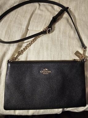 Coach Black Leather Crossbody with Gold Chain Accent